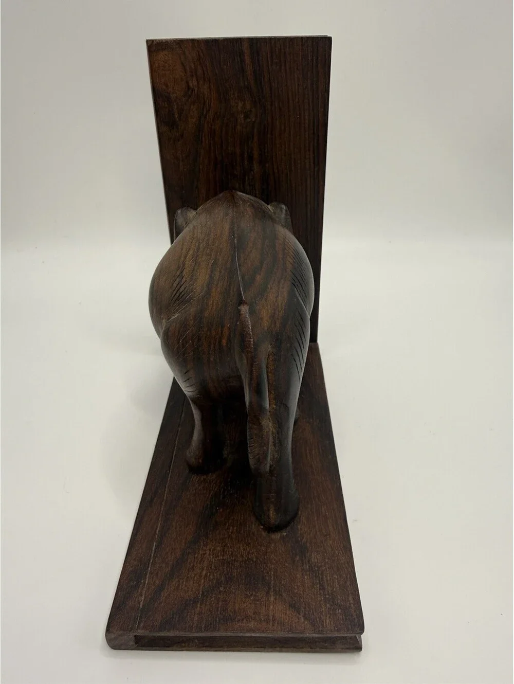 Vintage Hand Carved Wood Elephant Bookend Burl wood w/tusks